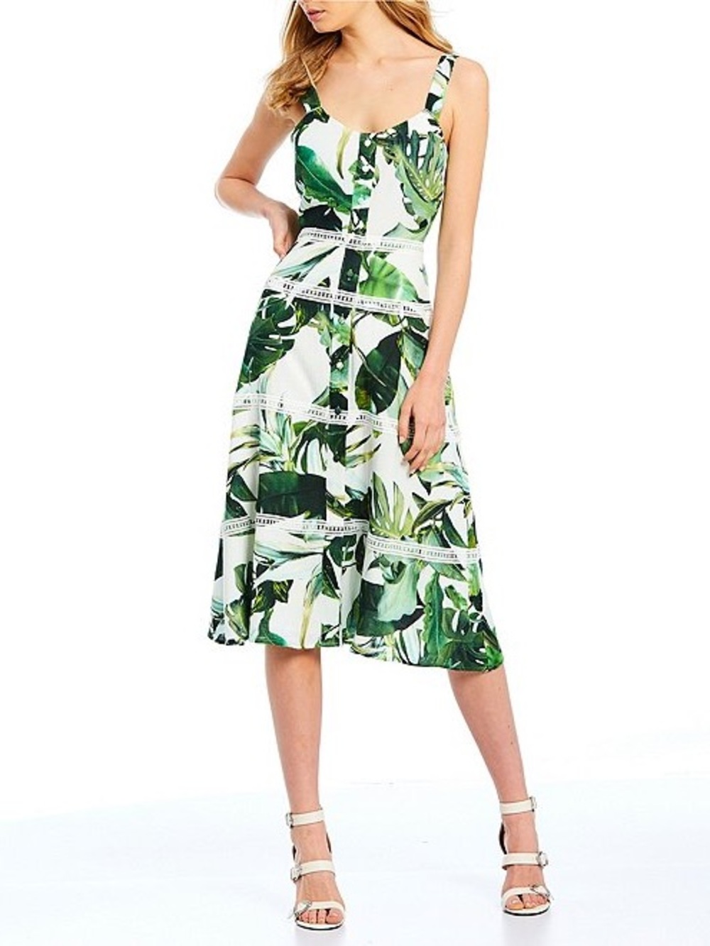 Gianni Bini 100% Cotton Palm Print Monica Lace Trim Tiered Midi Dress - Size 6